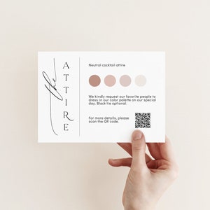 Druckbare Hochzeitskleidungskarten-Vorlage mit QR-Code, Gäste-Dresscode-Einlegekarte zum Herunterladen, Hochzeitsgast-Dresscode-Karte, Farbpalette