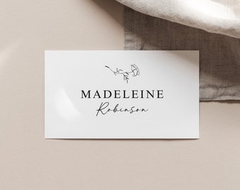 Printable Wedding Place Card Template with Flower Illustration, Elegant Minimalist Seat Cards, Edit in Corjl