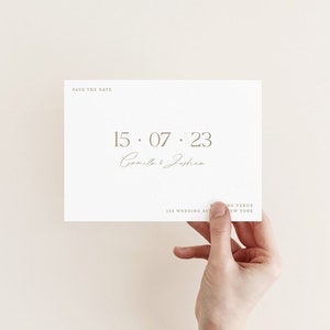 Minimalistisch bewaar de datumuitnodigingssjabloon, elegante afdrukbare uitnodiging voor huwelijksaankondiging, modern bewaar onze datumsjabloon met gouden lettertype