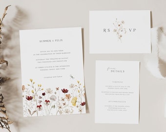 Floral Wedding Invitation Suite Template with QR code RSVP, DIY Boho Printable Wedding Invitation Set with Flowers