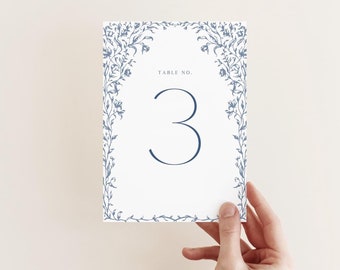 Printable Table Number Template Blue Vintage Theme, Floral wedding table sign printable with victorian flowers, Edit in Corjl
