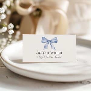 Baby Shower Tischkarten Vorlage mit Kalligraphie Schrift, Baby Shower Bow Thema, niedlichen Tischkarten, bearbeitbar