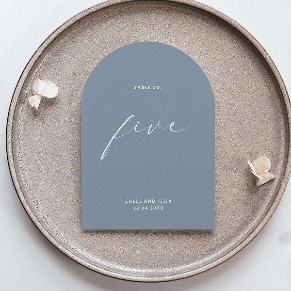 Arch Table Number Template with Calligraphy Font, Modern Arch Wedding Table Card in Dusty Blue
