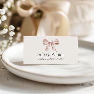 Printable Baby Shower Place Card Template with Calligraphy Font, Baby Shower Bow Theme, Cute Place Cards, Editable