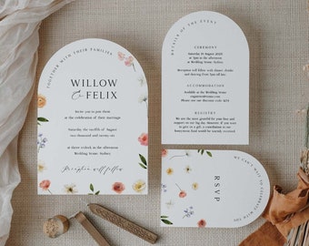 Floral Arch Wedding Invitation Template Suite, Printable Boho Wildflower Wedding Invitation Bundle with Arch Shape, Edit in Corjl