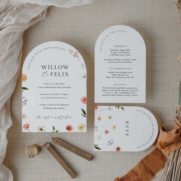 Floral Arch Wedding Invitation Template Suite, Printable Boho Wildflower Wedding Invitation Bundle with Arch Shape, Edit in Corjl