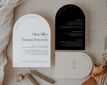 Arched Wedding Invitation Template Suite, DIY Black & Beige Wedding Set