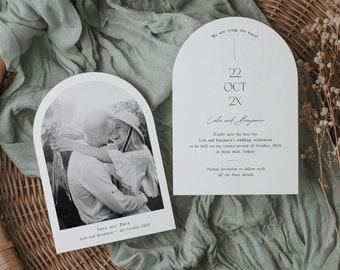 Wydrukuj zaproszenie Arch Save the Date ze zdjęciem, Boho Save Our Date zaproszenie na ślub ze zdjęciem, Edytuj w Corjl