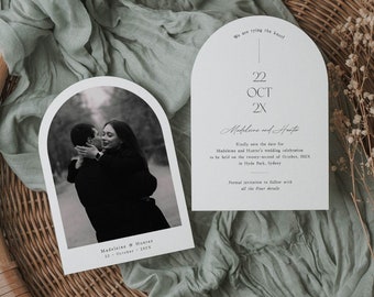 Printable Arch Save the Date invitation with Photo, Boho save our date marriage announcement invite card with photograph, Instant download