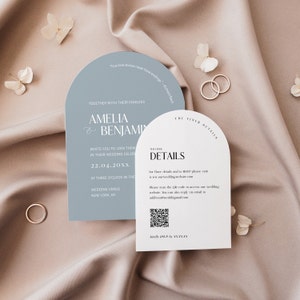 Arch Wedding Invitation Template Suite with QR code, Dusty Blue Arch Invitation Set