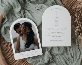 Printable Arch Save the Date invitation with Photo, Boho save our date marriage announcement invite card with photograph, Instant download