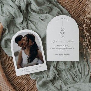 Afdrukbare Arch Save the Date-uitnodiging met foto, boho uitnodigingskaart voor huwelijksaankondiging met foto, instant download
