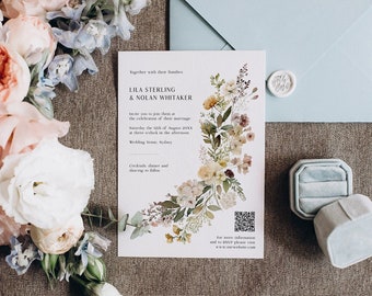 Printable Floral Wedding Invitation Template with Elegant Vintage Flowers, Minimalist Wildflower Invite, Invitation with QR code