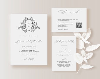 Elegant Wedding Invitation Template Suite with Floral Wedding Crest, Modern Wedding Printables