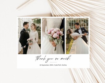 Modern wedding thank you card template with photos, Horizontal editable thank you cards with multiple pictures, Printable thank you note