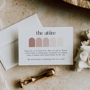Druckbare Hochzeitskleidung Kartenvorlage mit QR-Code, Gast-Dresscode-Einsatzkarte, Gast-Dresscode-Karte, Farbpalette, in Corjl bearbeiten