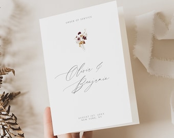 Floral wedding program template Modern order off service with autumn flowers Modern ceremony booklet Editable printable Instant download