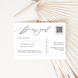 Plantilla de postal RSVP moderna con caligrafía Plantilla RSVP imprimible elegante minimalista con lugar de sello Código QR Descarga instantánea editable