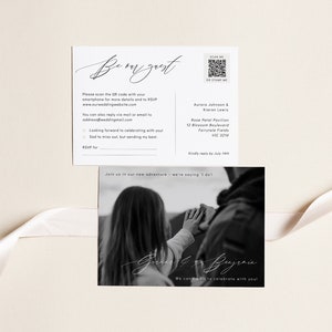 Carte postale RSVP pouvant être envoyée avec photo et police de calligraphie, modèle RSVP imprimable minimaliste avec emplacement du tampon, téléchargement immédiat modifiable