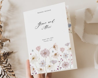 Bloemen bruiloft programmasjabloon, moderne orde van dienst, moderne huwelijksceremonie boekje, direct downloaden