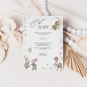 Moderne Babypartyeinladungsvorlage mit Babytieren, Elegante niedliche Babypartyeinladung mit Häschen, Printable bearbeitbar, Bearbeiten in Corjl