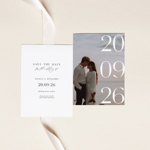 Printable save the date invitation template with picture, Minimalist simple photo save our date invite, Wedding announcement, Edit in Corjl