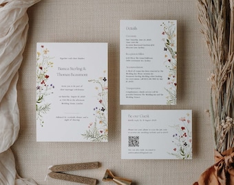 Printable Wildflower Wedding Invitation Suite Template with QR code, Invite Set with Watercolor Flowers, Edit in Corjl