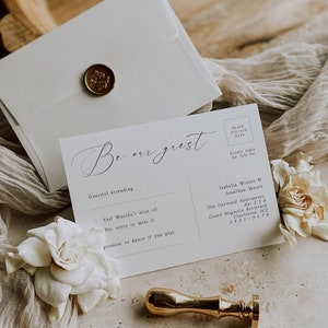 Postal de RSVP imprimible con fuente caligráfica, plantilla de RSVP imprimible moderna y minimalista con fuente de escritura y lugar de sello, Editar en Corjl