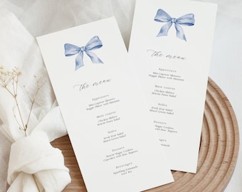 Printable baby shower menu card template with blue bow, Cute baby shower party menu with blue ribbon, Baby Party decor, Edit in Corjl