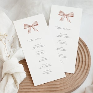 Szablon menu na baby shower do wydrukowania z różową kokardą, Urocze menu na baby shower z różową wstążką, Dekoracja na baby shower, Edytuj w Corjl