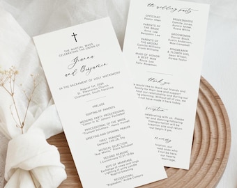 Catholic wedding ceremony program template 4x9, Minimalist wedding order of service, Modern wedding program template with wedding cross