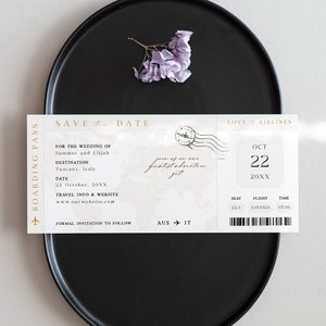 Bordkarte Save the Date Einladung Vorlage, Gold und Beige DIY Boarding Pass speichern unsere Datum, Printable, Instant Download