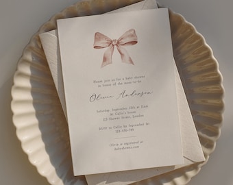 Printable baby shower invitation template with beige bow, Elegant baby invitations with pink ribbon, Baby Party Invite, Edit in Corjl