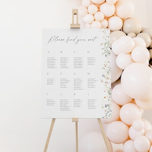 Modèle de plan de table pour mariage floral avec police de caractères, plan de salle élégant modifiable moderne par ordre alphabétique, téléchargement immédiat