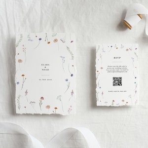 Plantilla de invitación de boda imprimible y RSVP con código QR y flores, conjunto de invitación floral boho minimalista, flores silvestres de acuarela