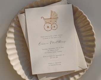 Sjabloon afdrukbare babyshower-uitnodiging met kinderwagen, elegante babyuitnodigingen met aquarel kinderwagen, uitnodiging babyfeestje