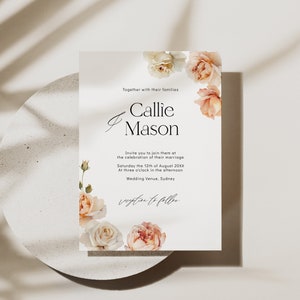 Rose wedding invitation template, Boho floral wedding invite with blush roses, Printable editable watercolor flowers image 1