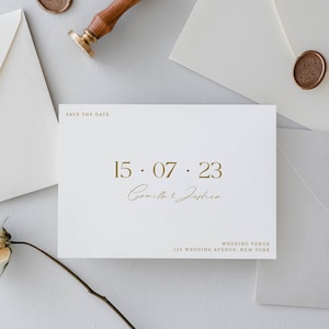 Druckbare Save the Date Einladungsvorlage, Minimalistische druckbare Hochzeitseinladung, Moderne Save the Date Vorlage mit goldener Schrift