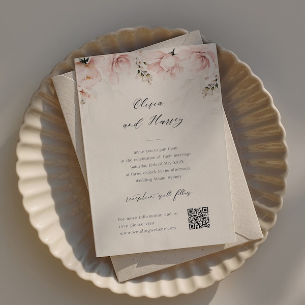 Printable Wedding Invitation Template with QR Code Printable invitation with light pink roses, Floral wedding invite, Edit in Corjl