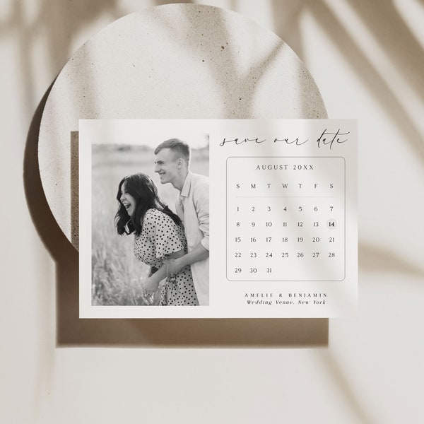 Photo Save the Date Invitation Template with Calendar Minimalist wedding announcement with own photo Editable printable Instant download