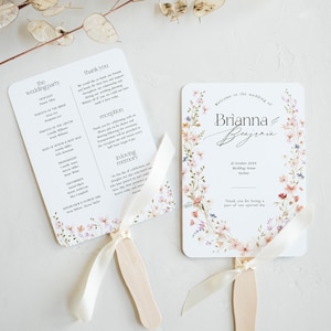 Floral Wedding Program Fan Template, Minimalist Wildflower Order of Events, Editable Program, Printable Ceremony Fan, Corjl Instant Download