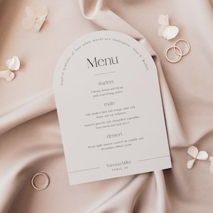 Arch menu with guest name Modern boho arch wedding dinner menu template in taupe Wedding menu template with name Instant download