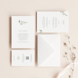 Greenery Wedding Invitation Template Suite, Minimalist Wedding Invitation Set with Olive Branches, Instant Download