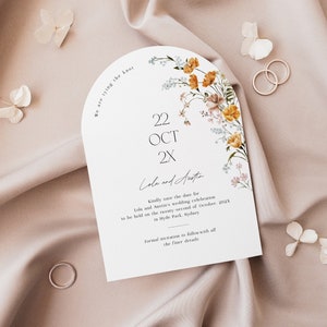 Szablon karty Save the Date Floral Arch, do wydrukowania zaproszenia Save our Date z dzikimi kwiatami, minimalistyczny boho ogłoszenie o ślubie, edycja w Corjl