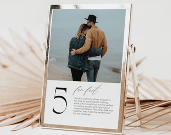 Fun facts table number template with photo Modern love story table sign template with pictures, DIY editable unique printable table decor
