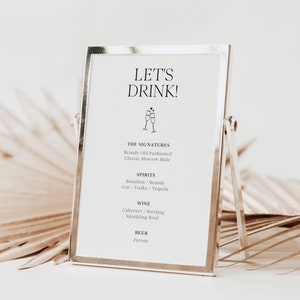 Minimalist Wedding Bar Menu Template, Editable Printable Wedding Let&#39;s Drink Sign Template, DIY Modern Minimal Bar Sign, Edit in Corjl