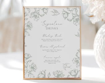 Printable bar & signature drinks wedding sign template with sage green florals, Modern vintage bar and signature cocktails, Edit in Corjl