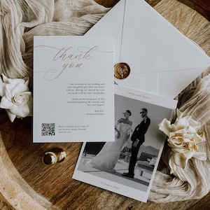 Modèle de carte de remerciement imprimable avec photo et code QR, remerciement pour mariage minimaliste moderne avec photo, édition Corjl