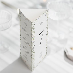 Número de mesa tríptico de boda floral y plantilla de menú, monograma de boda minimalista y editable, menú tríptico, imprimible
