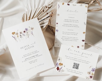 Floral Wedding Invitation Template Set, DIY Wedding Printables with Watercolor Flowers, Boho Wedding Suite